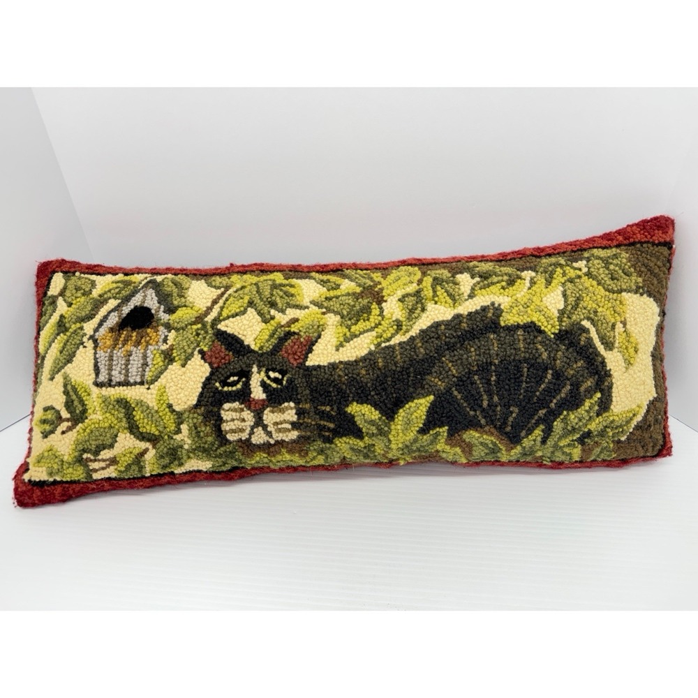 Cat Birdhouse 100% Hooked Wool Lumbar Pillow Velvet Back Cottagecore 10"x26"